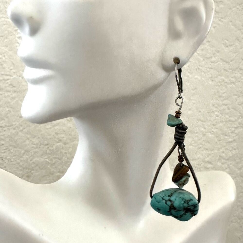 Chunky Turquoise Nugget & Tiger’s Eye Earrings – Rustic Leather Boho Dangles